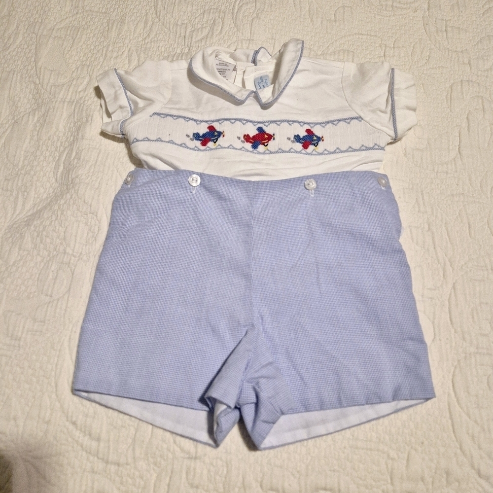 Vive La Fete boys size 9 months airplane smocked romper EUC
